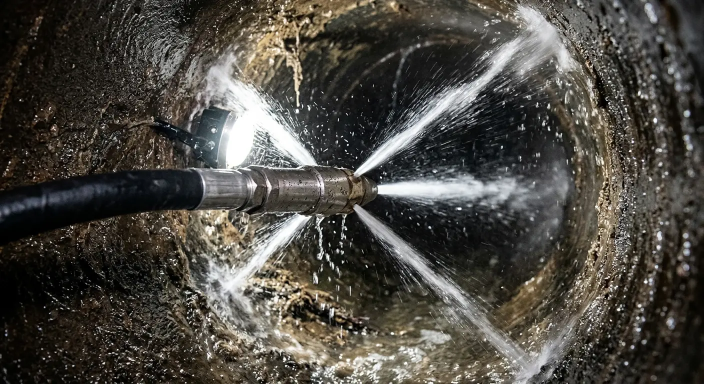 High-pressure hydro jetting nozzle cleaning sewer pipe for Trenchless Sewer Repair in Doney Park