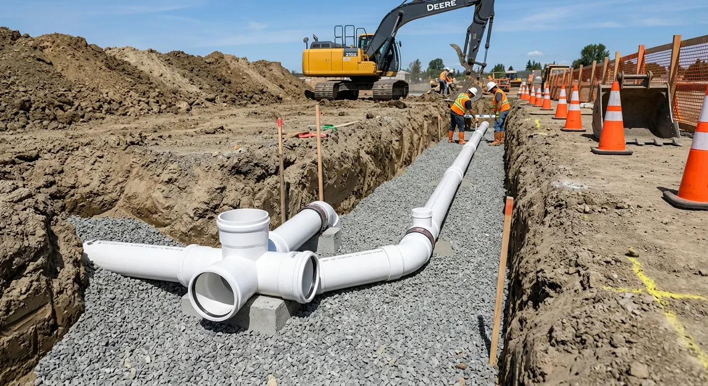 New PVC sewer pipe installation in open trench for Commercial Drain Cleaning in Doney Park
